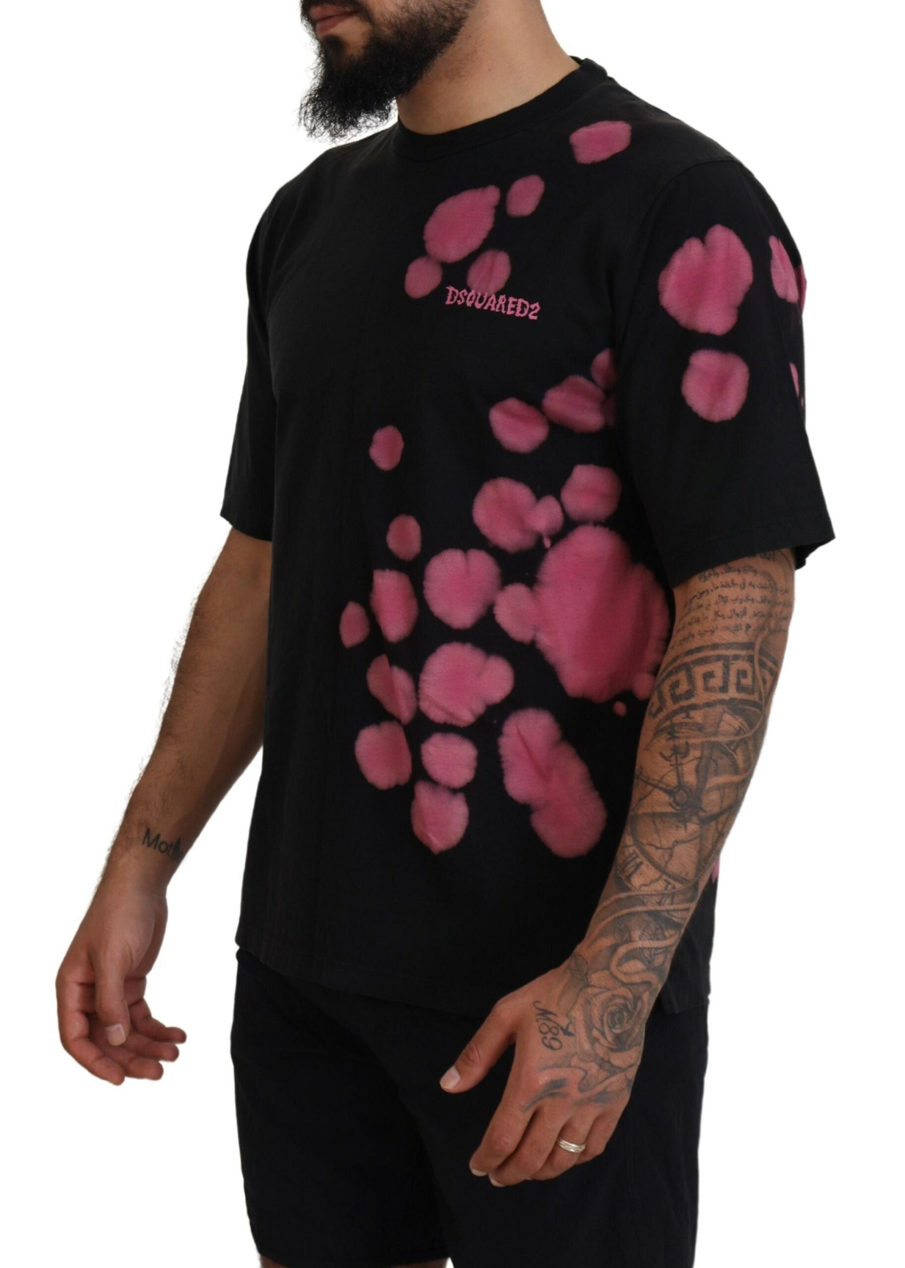 Black Pink Cotton Short Sleeves Crewneck T-shirt