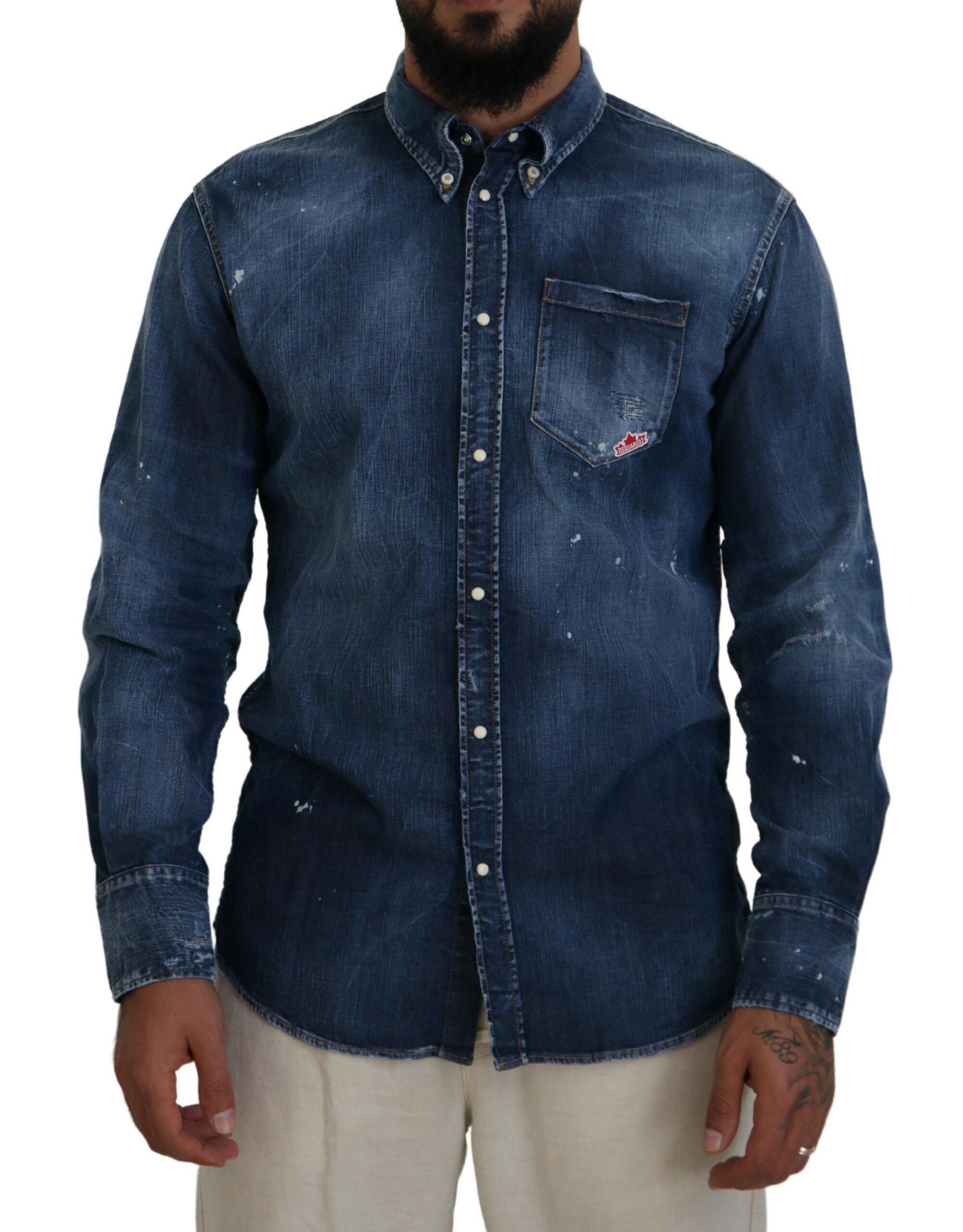Blue Washed Collared Men Casual Long Sleeves Shirt