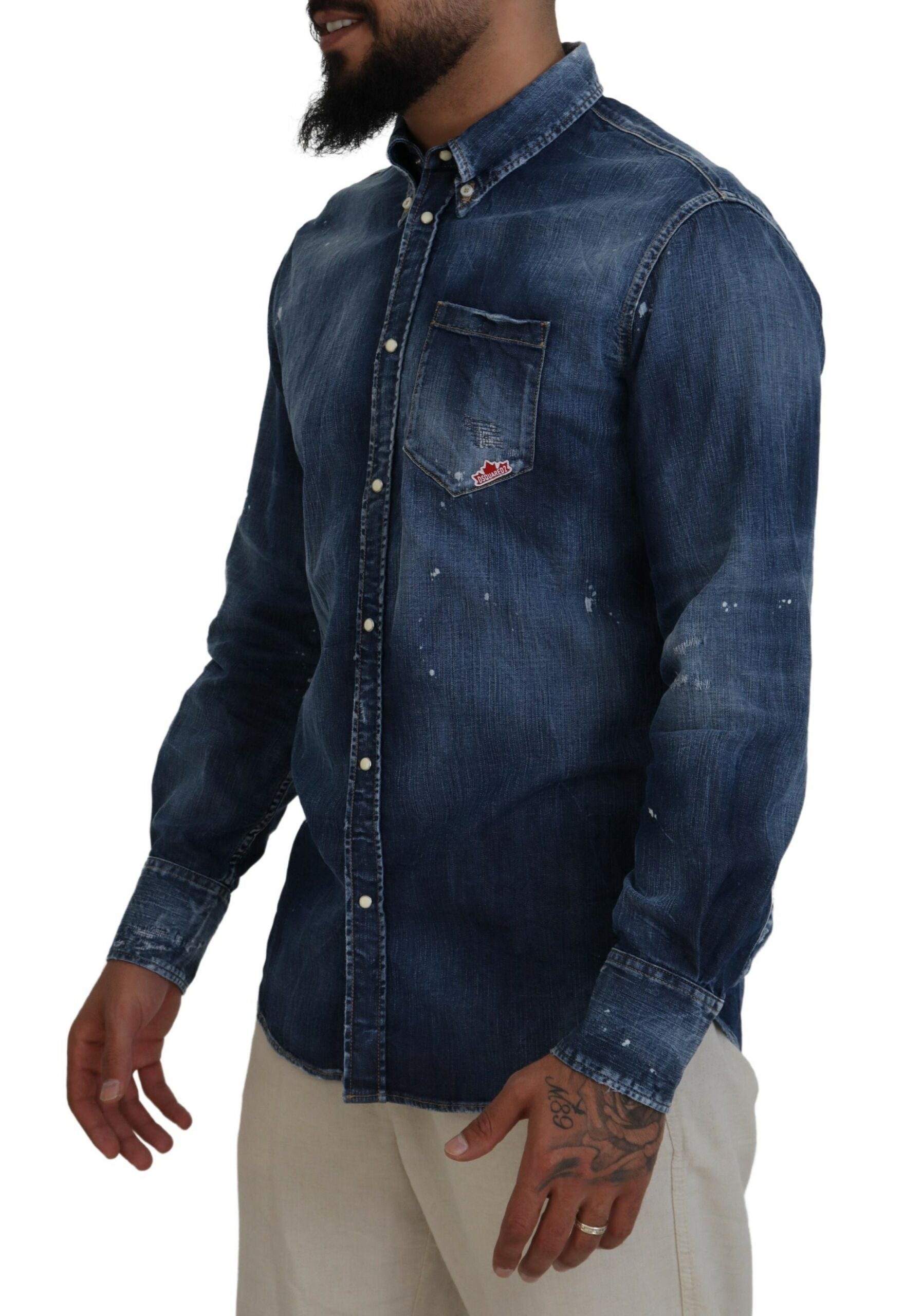 Blue Washed Collared Men Casual Long Sleeves Shirt