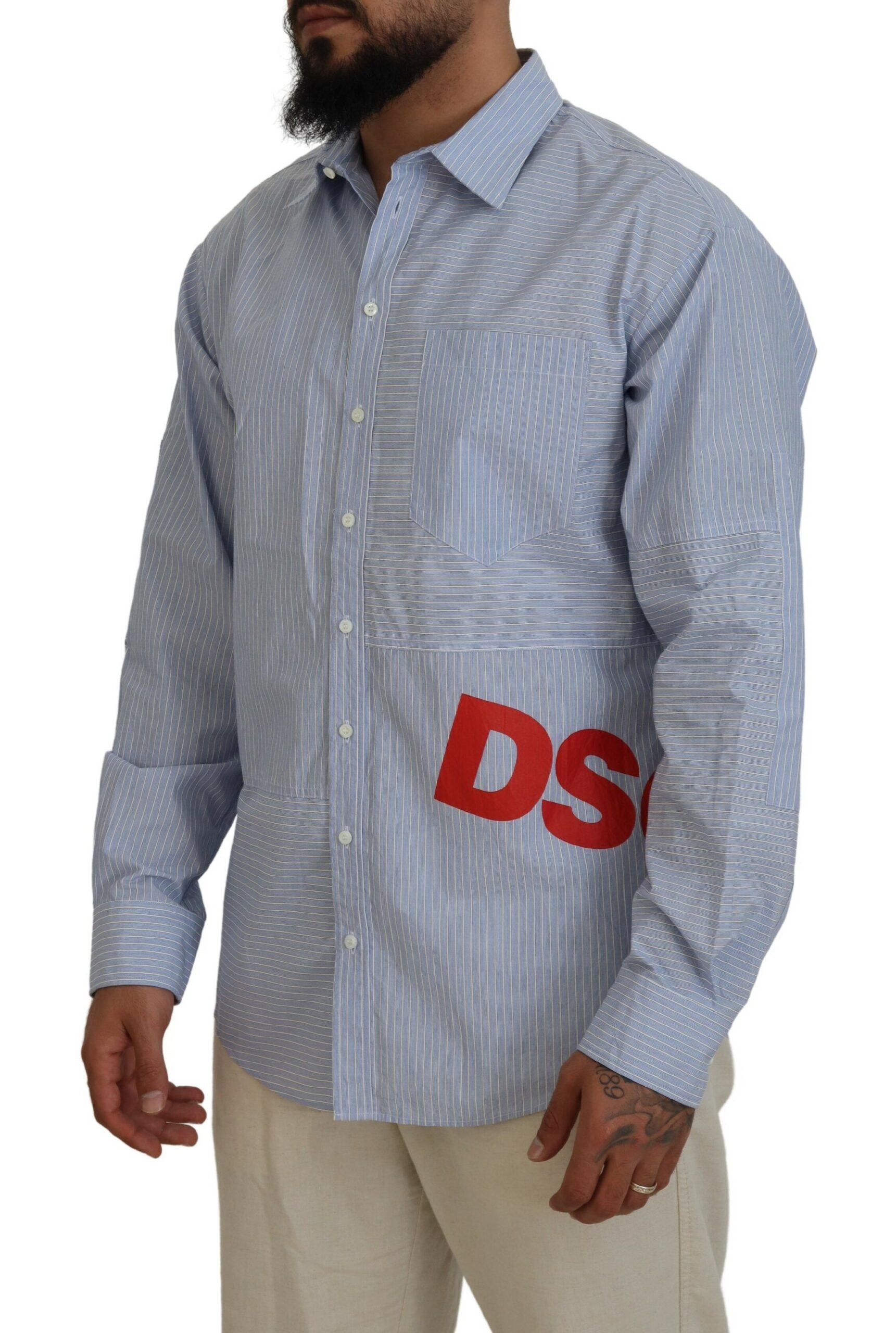 Blue Stripes Logo Print Long Sleeves Formal Shirt