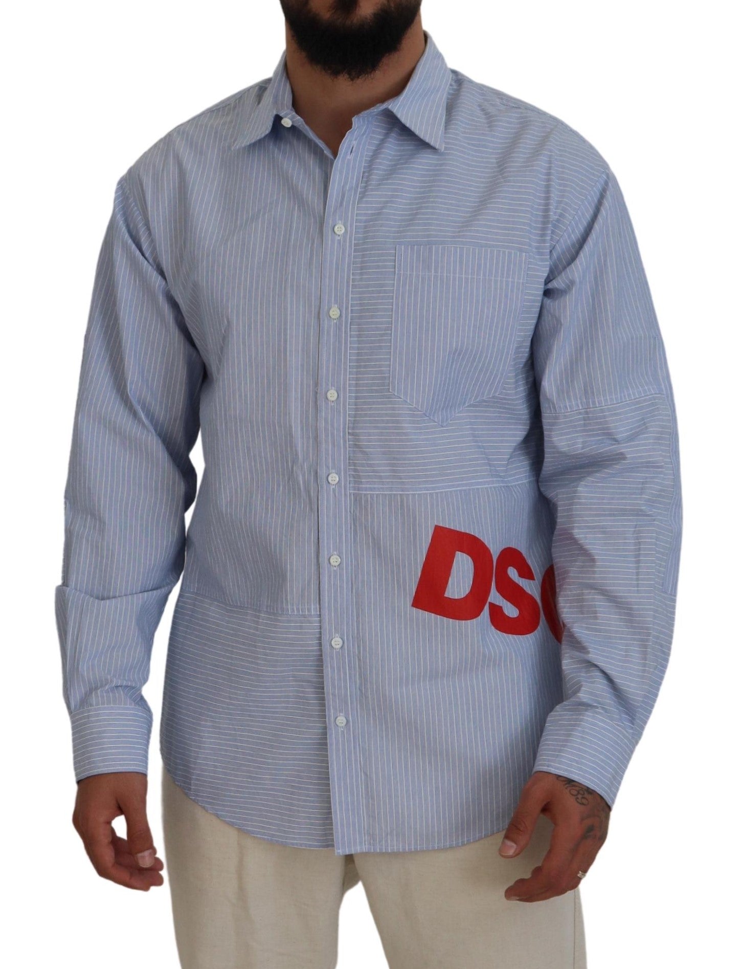 Blue Stripes Logo Print Long Sleeves Formal Shirt