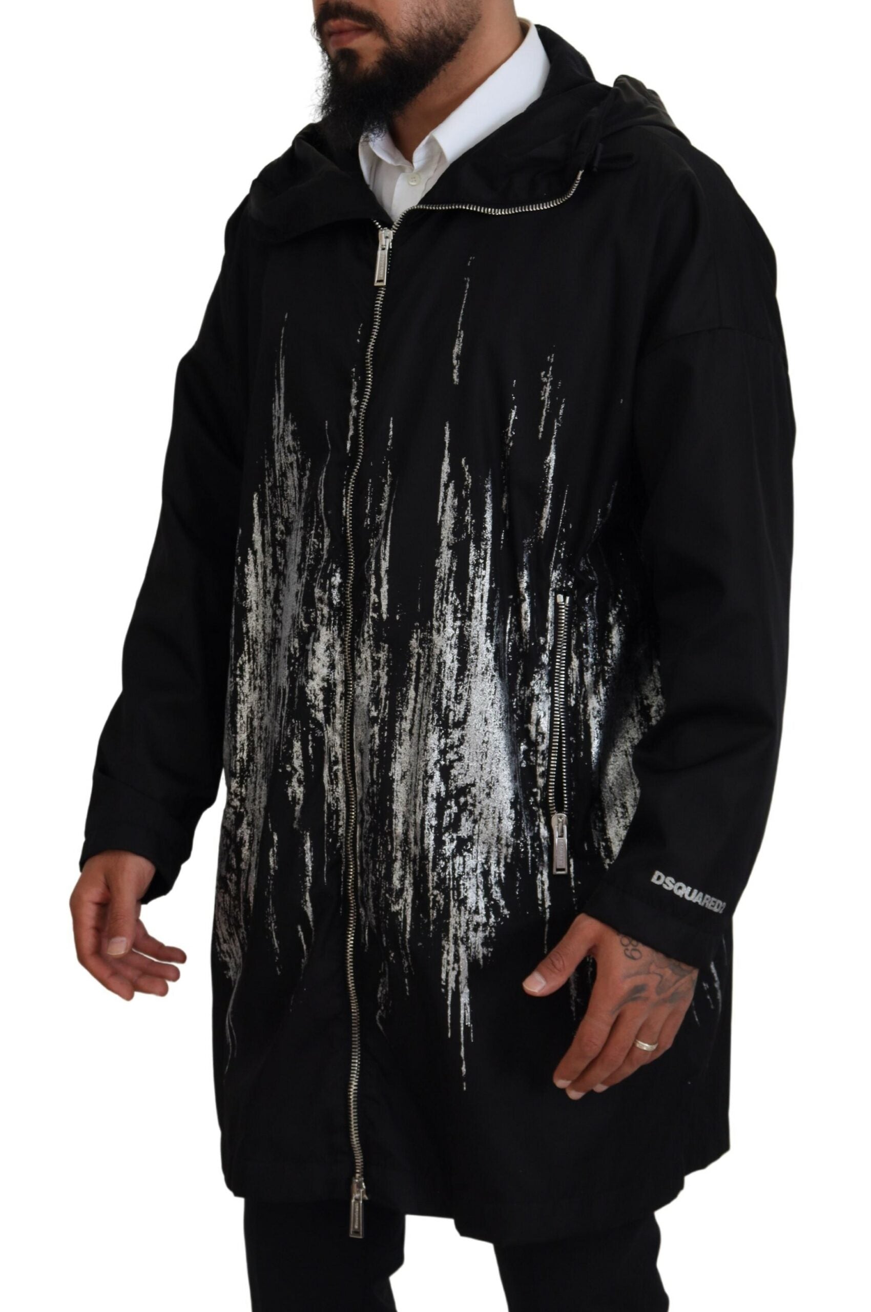 Black White Print Long Hooded Coat Nylon Jacket