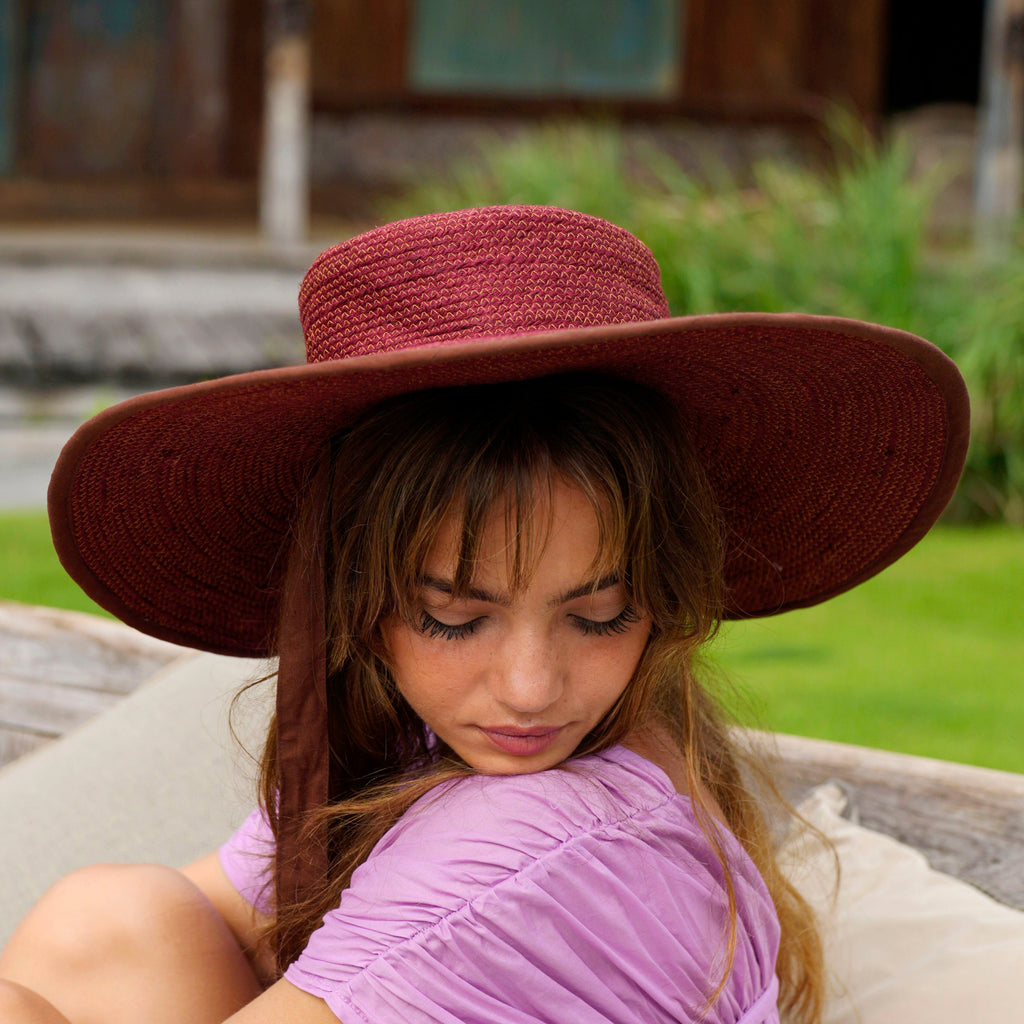 The Lolo Wide-Brim Jute Boater Hat in Burgundy