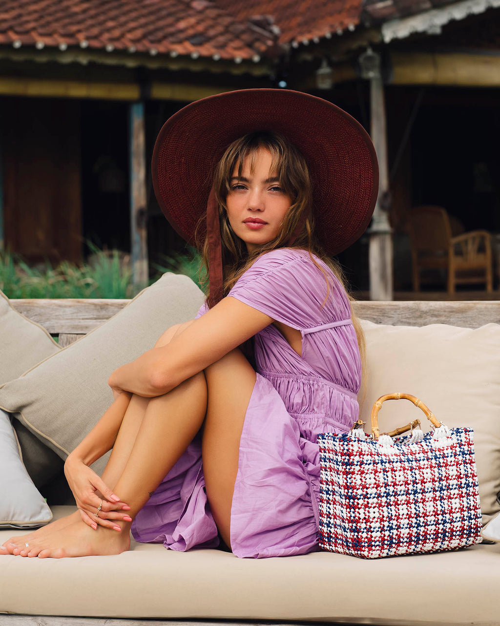 The Lolo Wide-Brim Jute Boater Hat in Burgundy