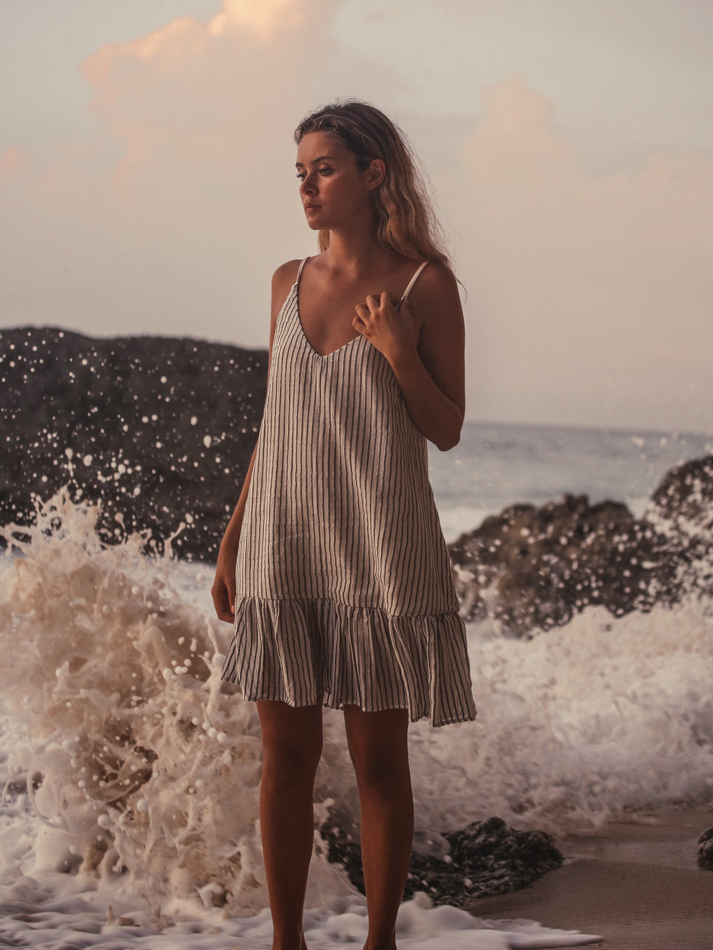 Buy Liv Mini Ruffle Dress - Black Stripes by The Handloom