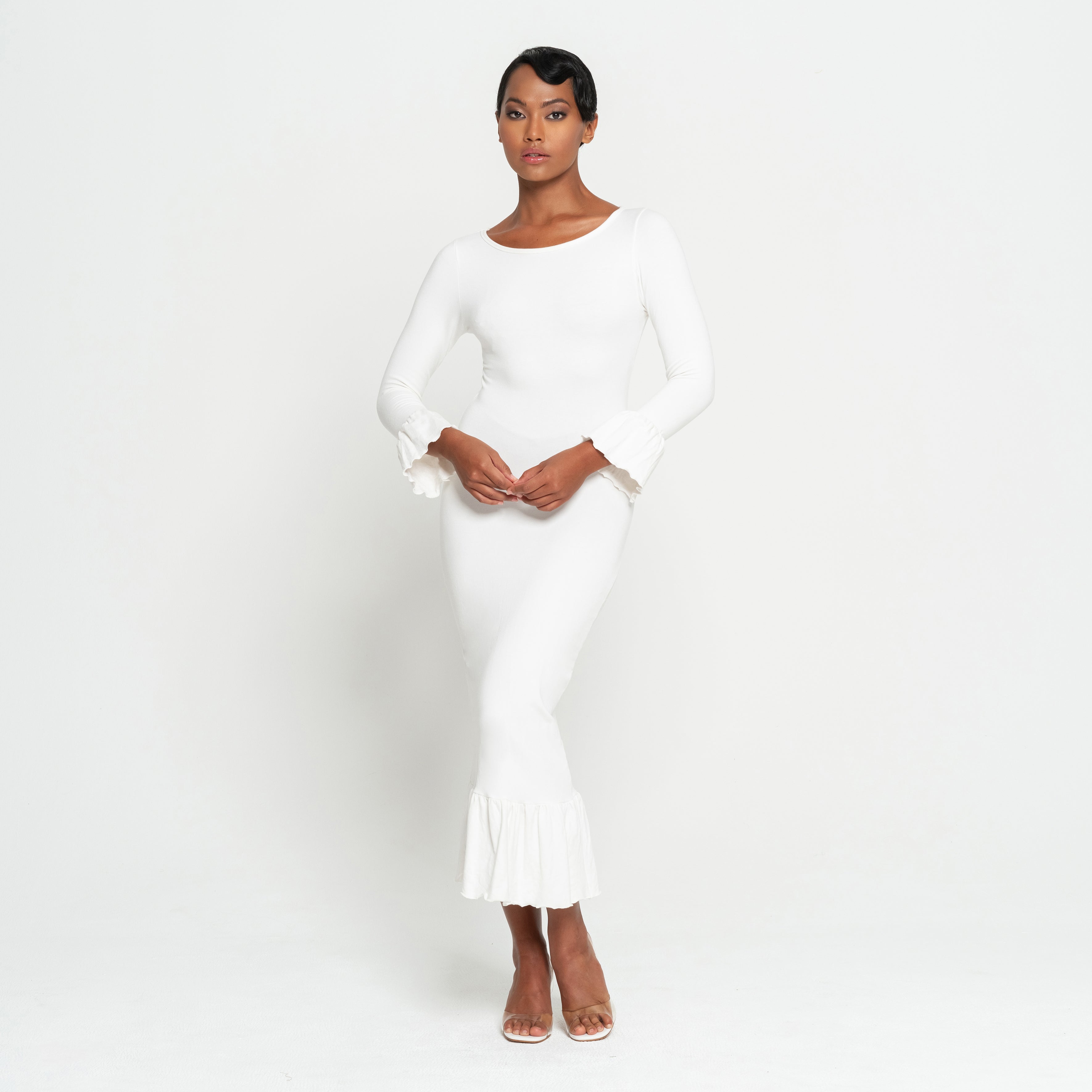 MARJORIE Bamboo Ruffle Dress in Off-White