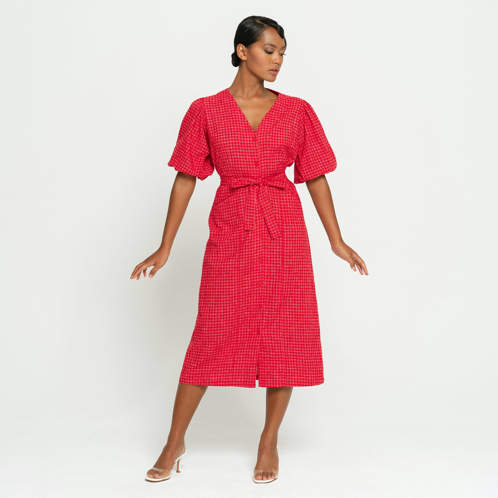MEGHAN Gingham Hemp Midi Dress in Scarlet Red