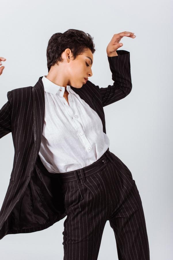 Buy Black Pinstripes Suit Pants – Women’s Tailored Office Trousers by Le Réussi®