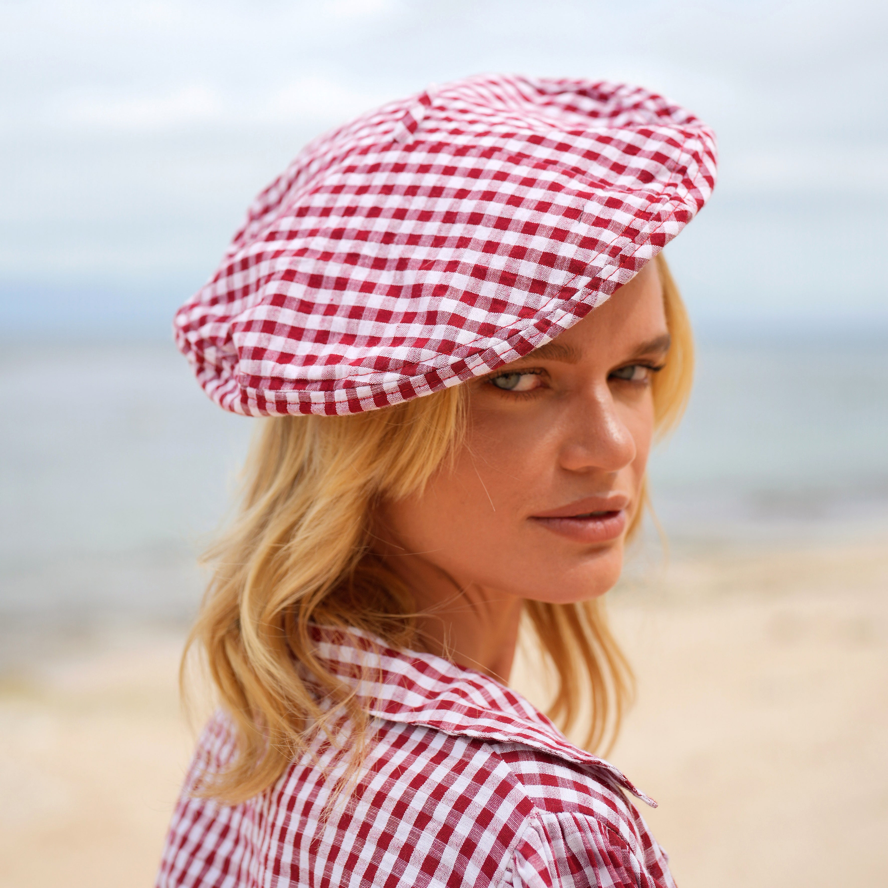 SIMONE Gingham Beret Hat in Red