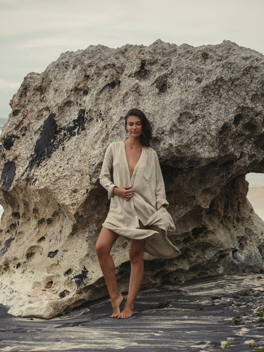 Buy Terra Shirt Dress - Khaki Green by The Handloom