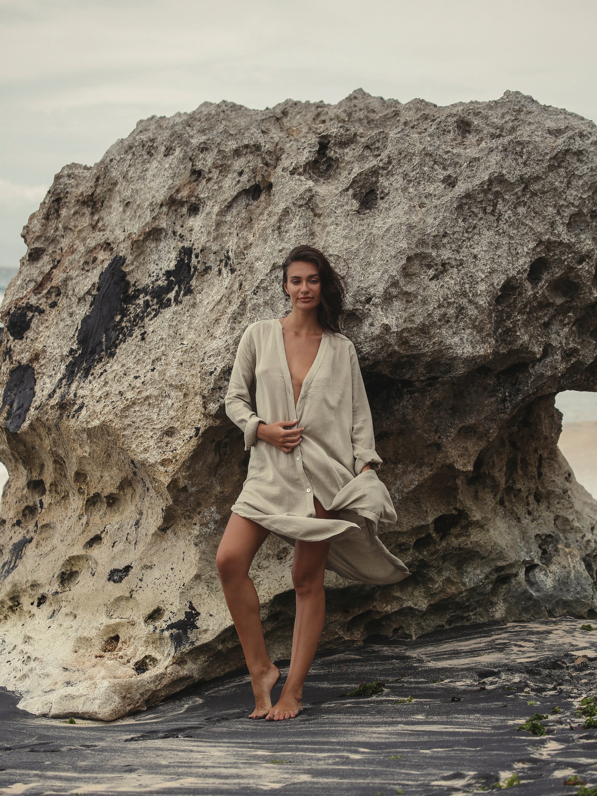 Buy Terra Shirt Dress - Khaki Green by The Handloom