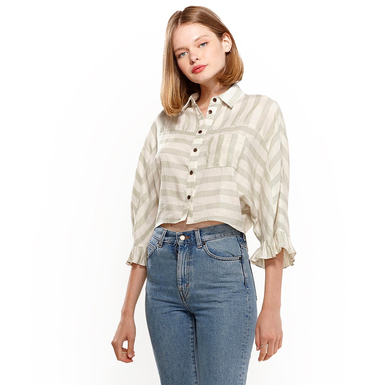 Women's Button Down Cropped Shirt In Sage