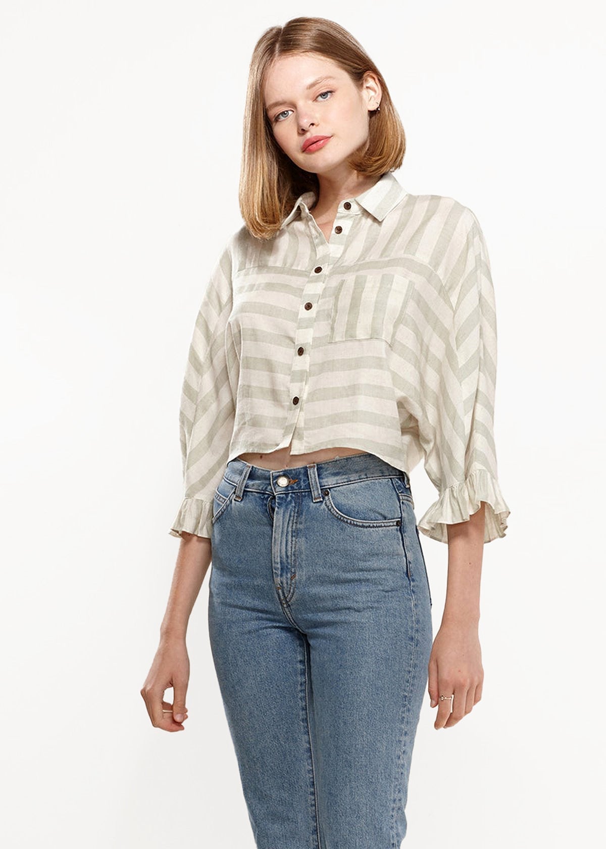 Buy Women's Button Down Cropped Shirt In Sage by Shop at Konus