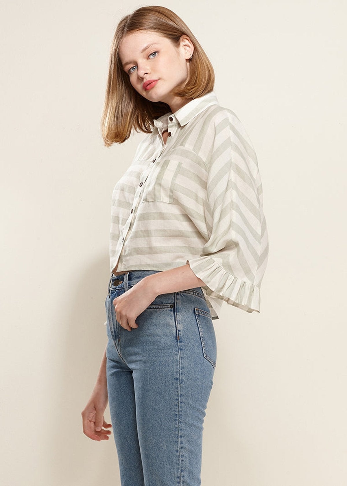 Buy Women's Button Down Cropped Shirt In Sage by Shop at Konus