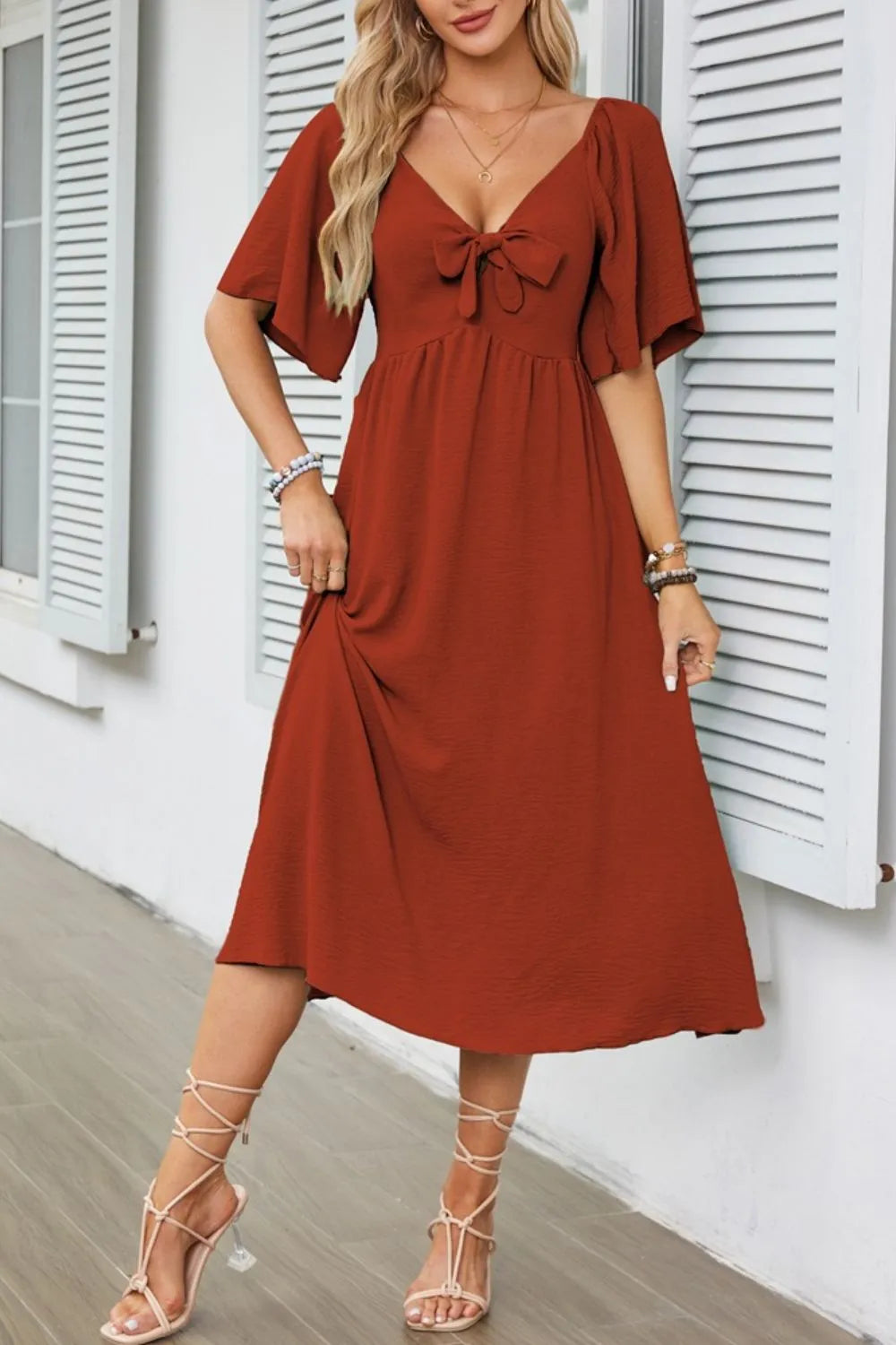 Buy Smocked Tie Front Flutter Sleeve Midi Dress by Faz
