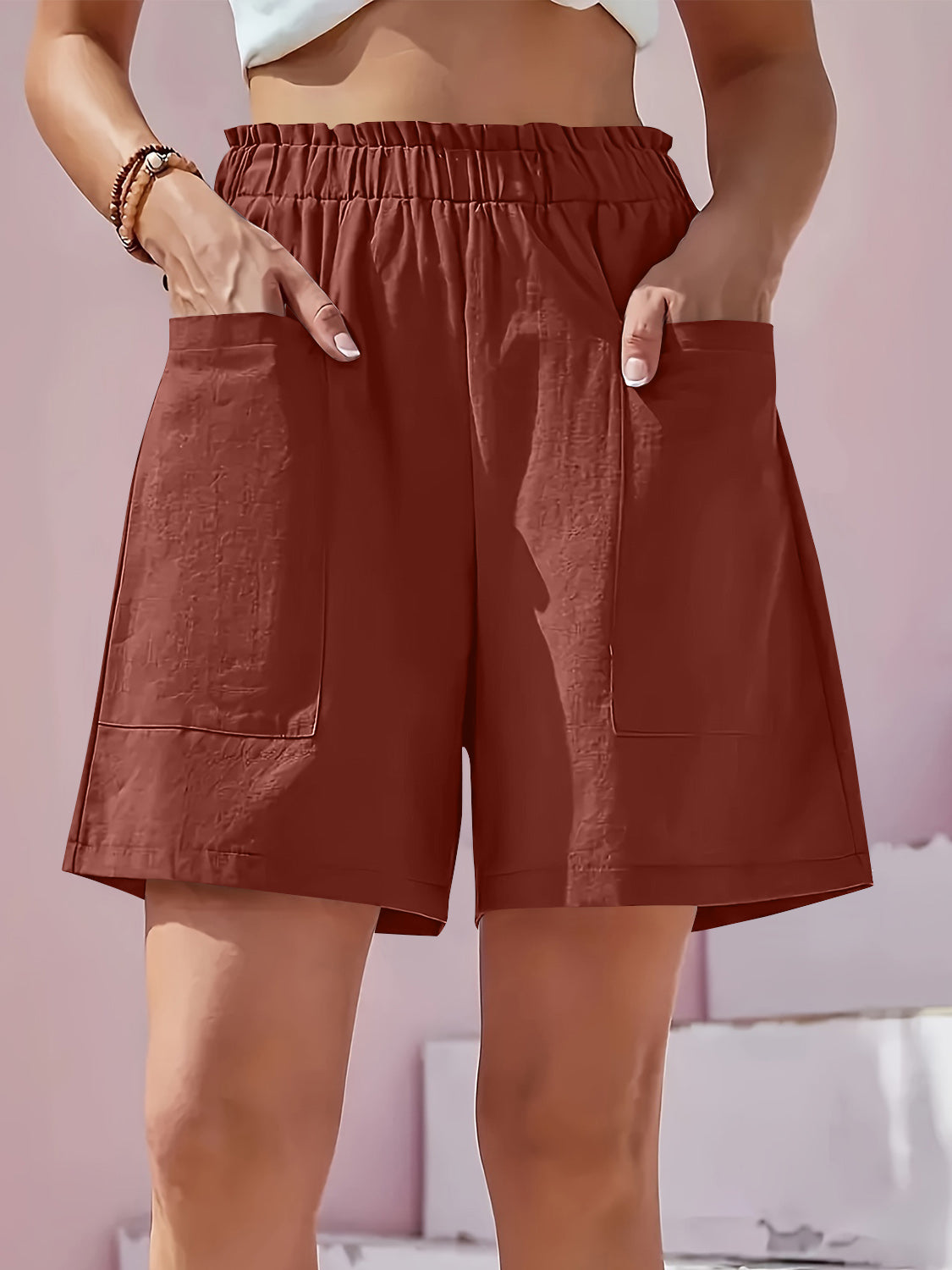 Buy Full Size Pocketed Elastic Waist Shorts by Faz