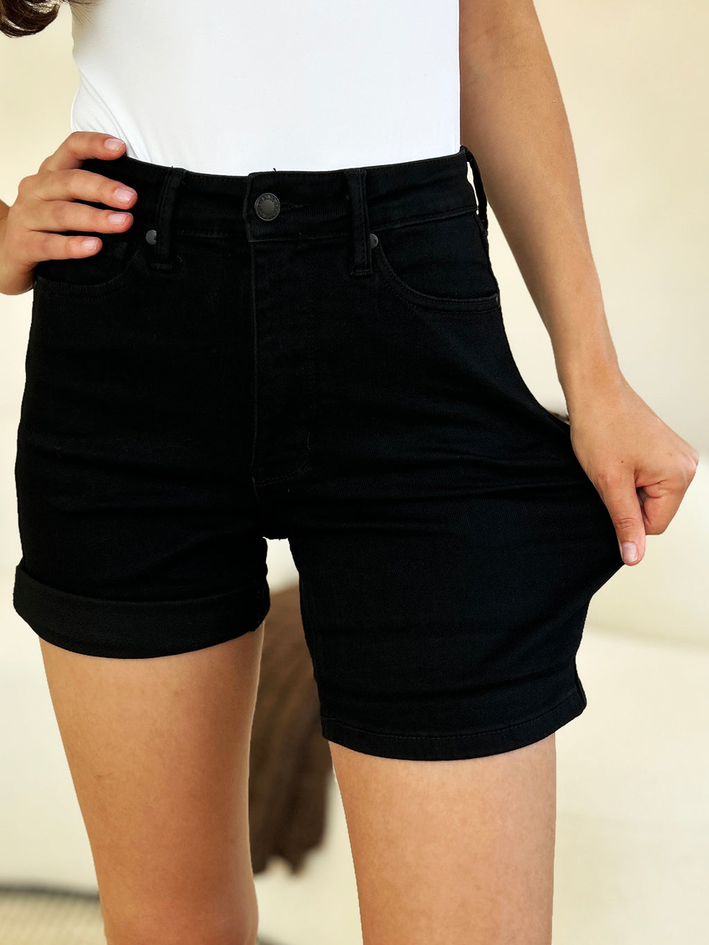 Buy Full Size High Waist Tummy Control Cuffed Denim Shorts by Faz
