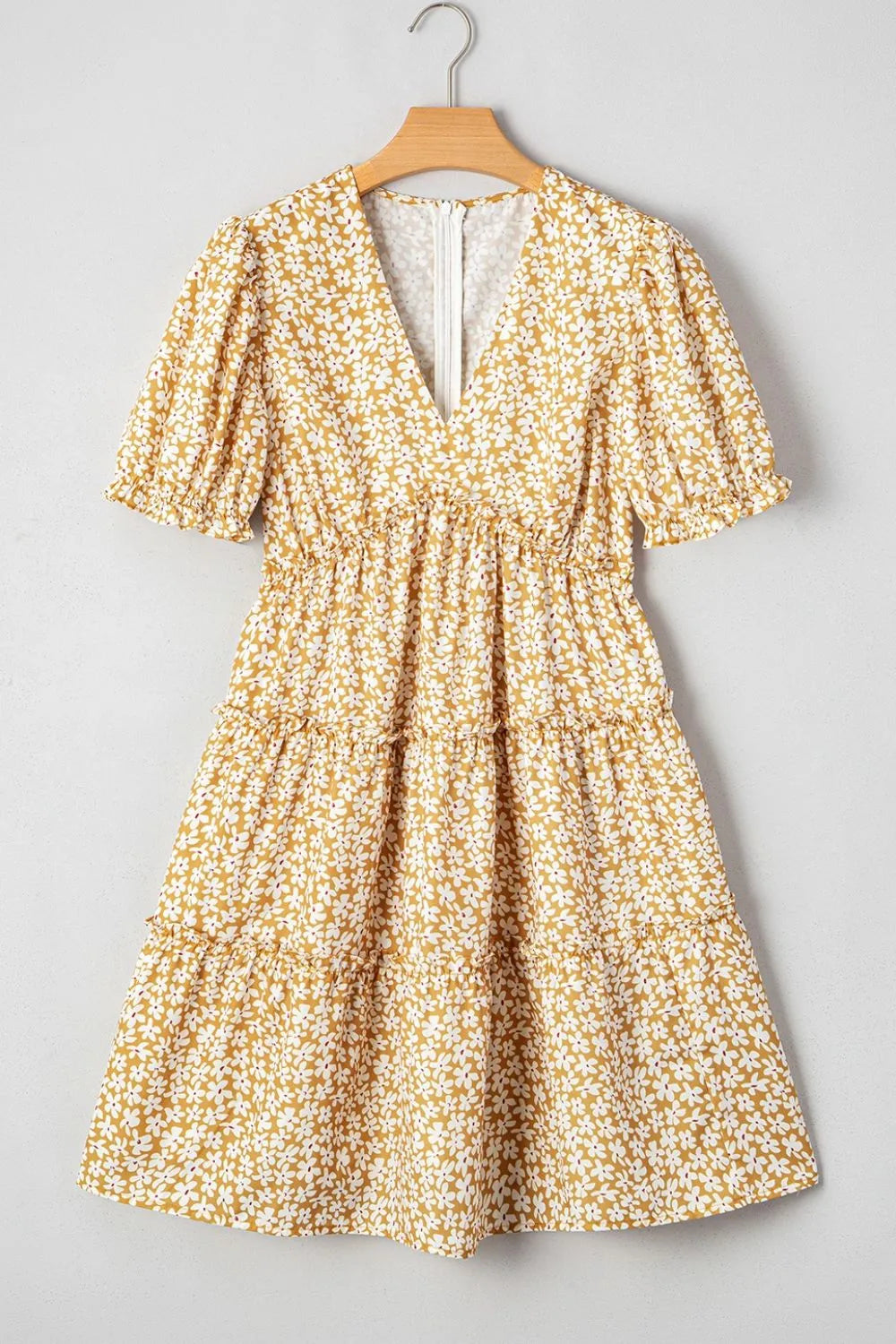 Buy Floral Short Sleeve Surplice Frilly Tiered Mini Dress by Faz