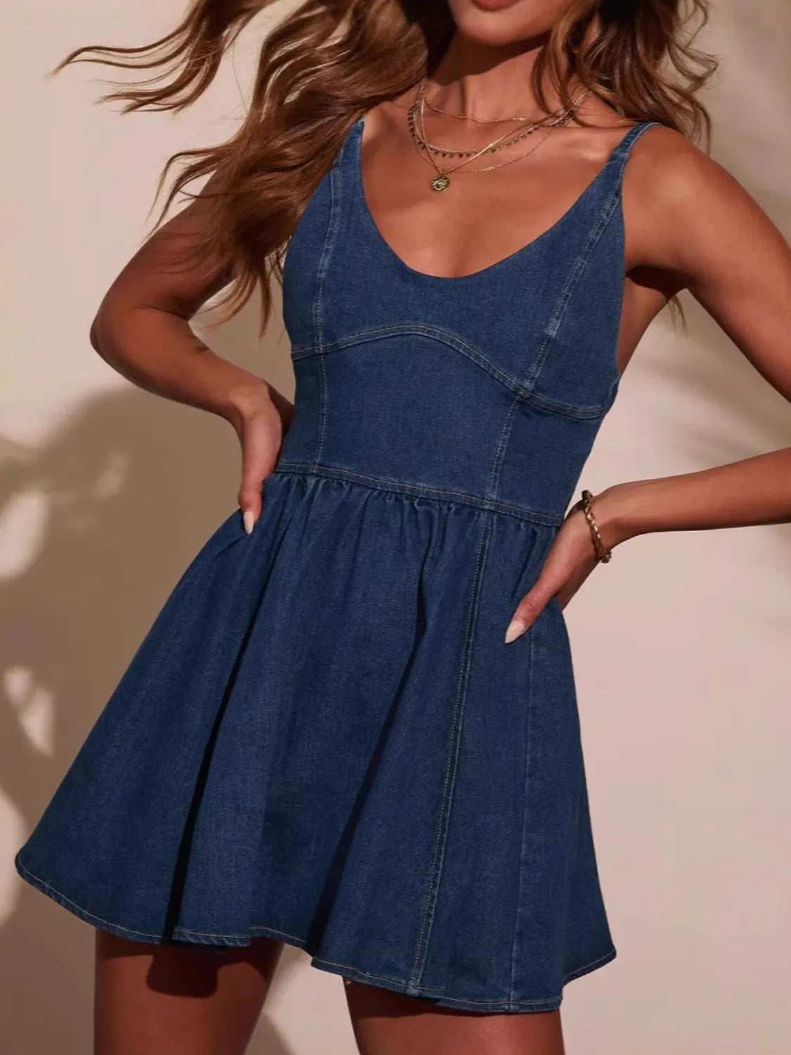 Buy Smocked Back Adjustable Strap Denim Mini Dress by Faz