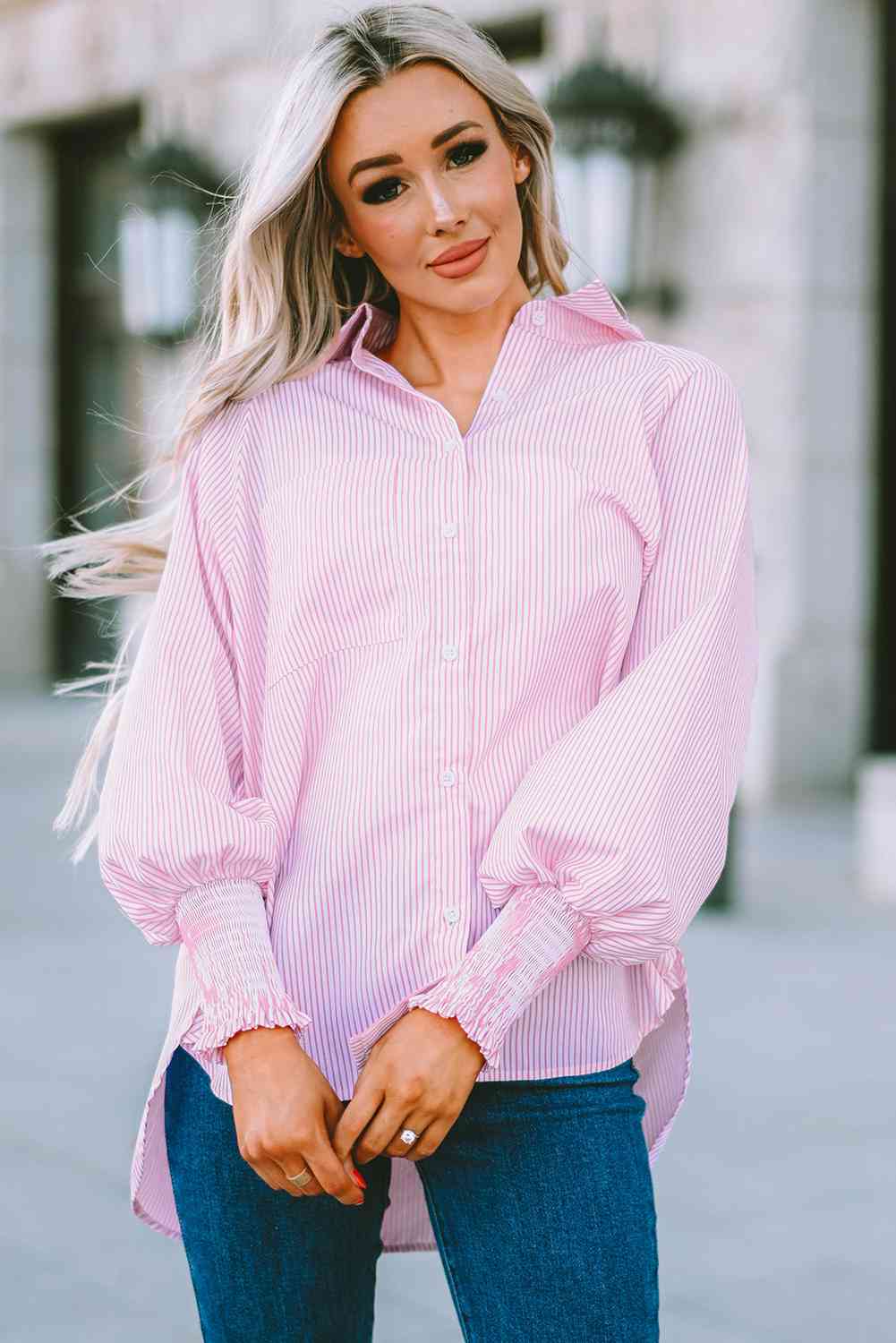 Buy Striped Lantern Sleeve Collared Shirt by SYNZ