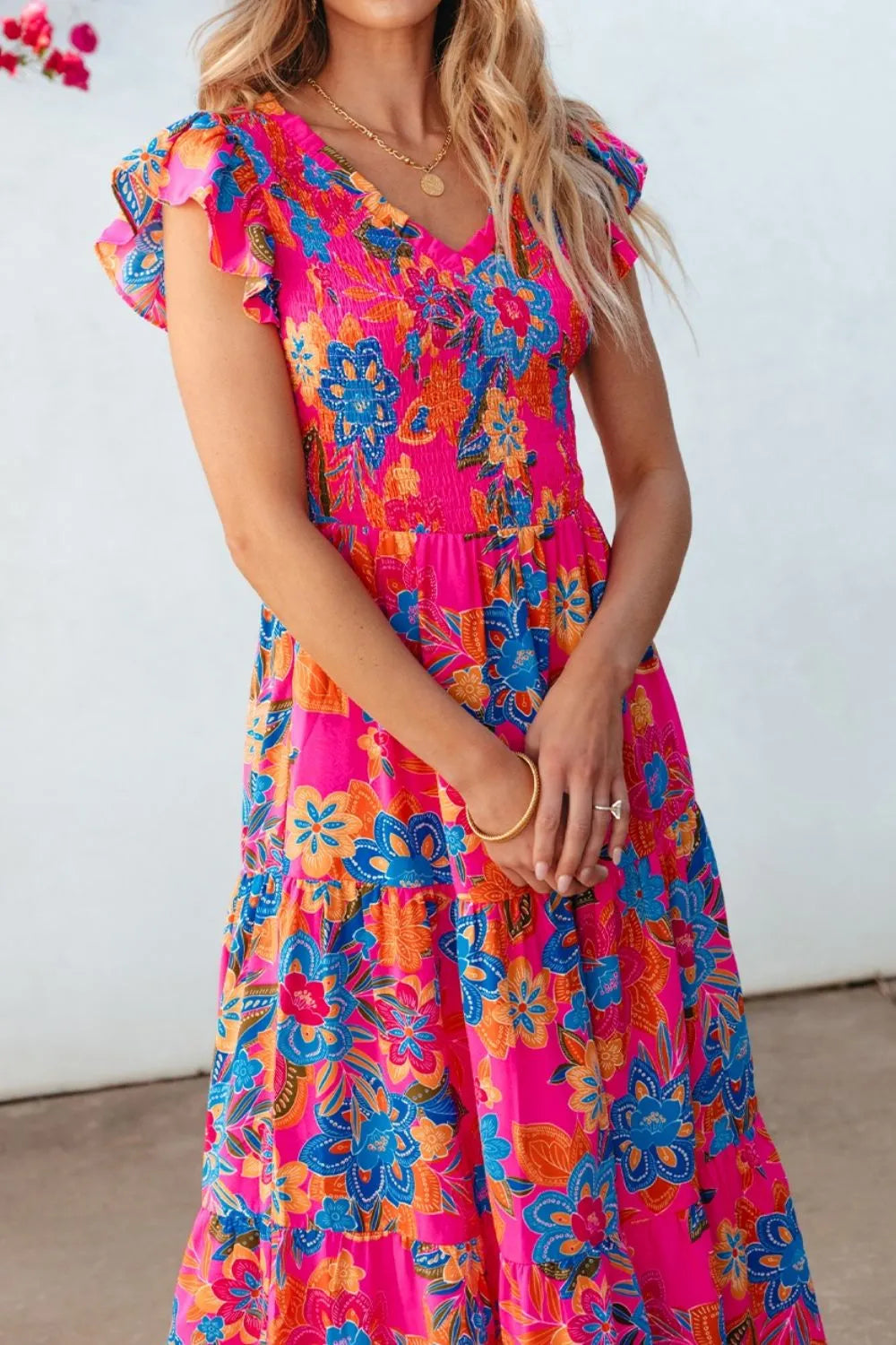 Buy Boho Floral V Neck Ruffle Tiered Dress by Faz