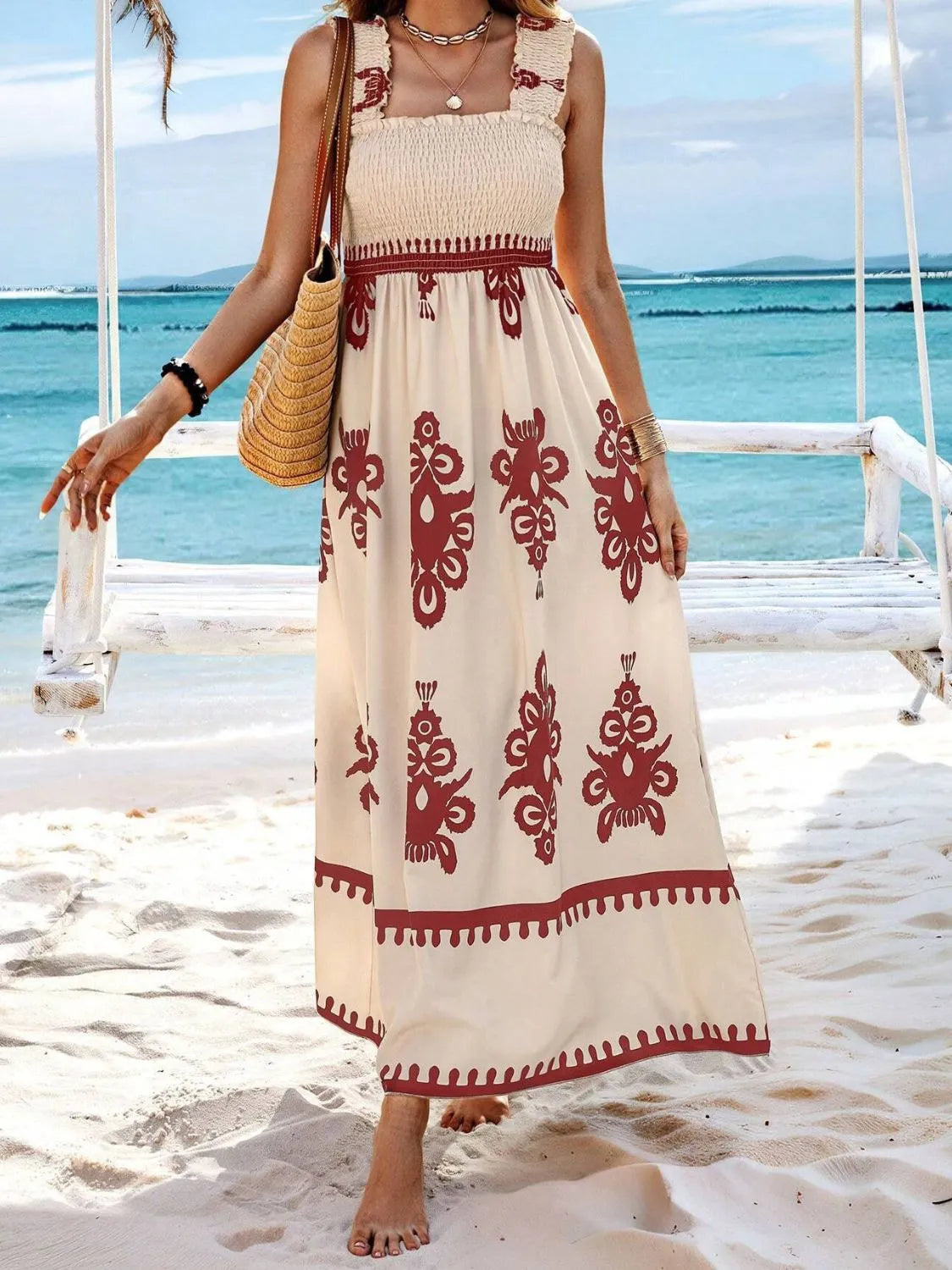 Buy Smocked Printed Wide Strap Maxi Dress by Faz