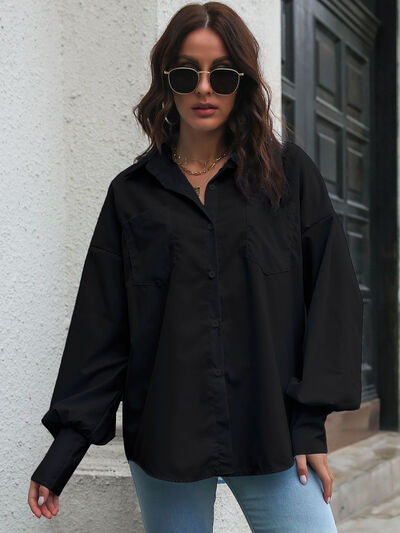 Buy Button Up Dropped Shoulder Lantern Sleeve Shirt by B&S