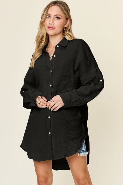 Buy Full Size Pocketed Texture Button Up Shirt by Double Take