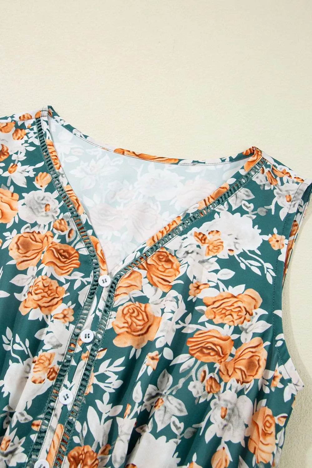 Buy Floral Print Trimmed V Neck Tie Waist Sleeveless Dress by Faz