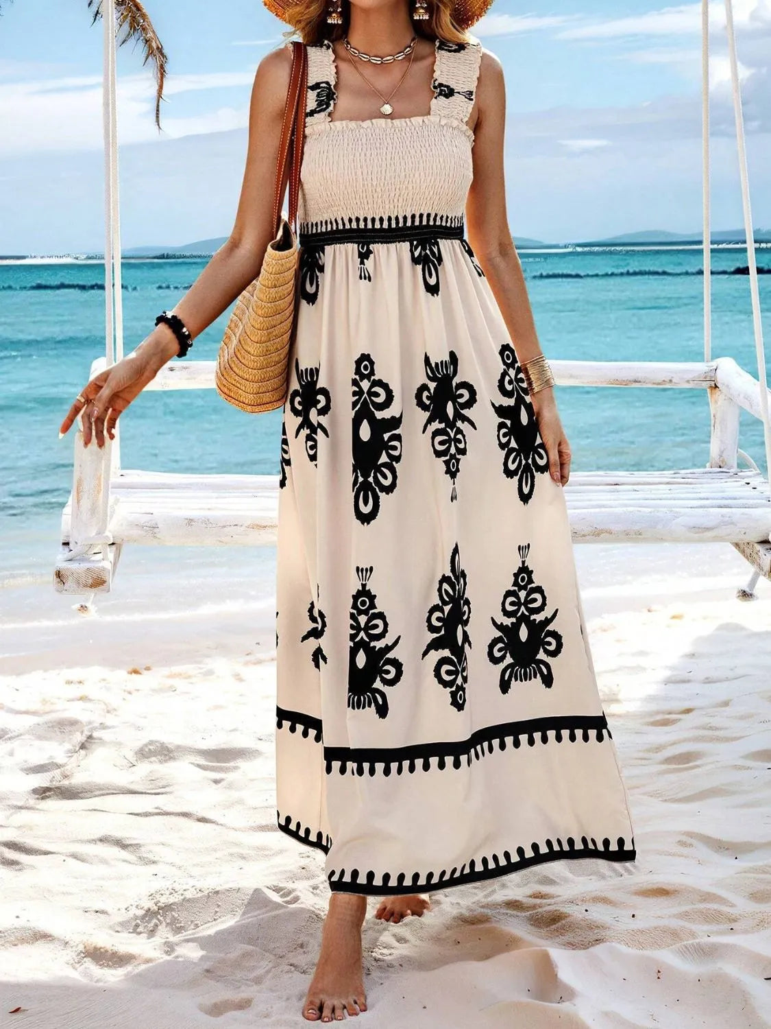 Buy Smocked Printed Wide Strap Maxi Dress by Faz
