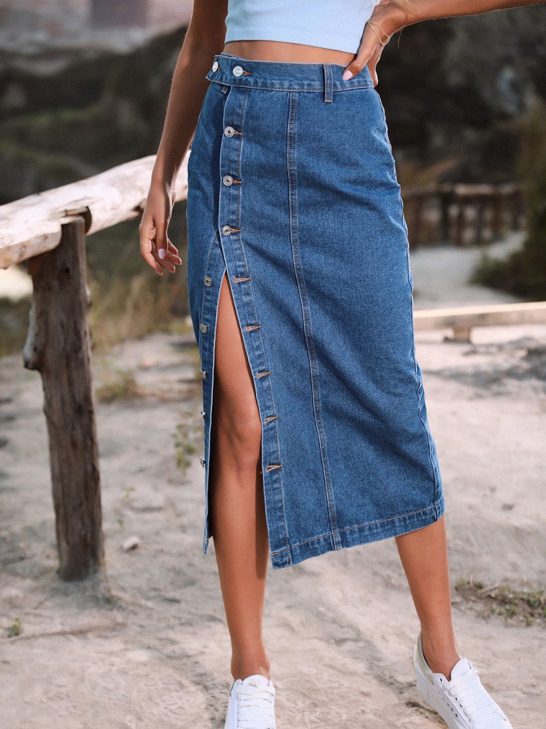 Buy Button Down Denim Skirt by Faz
