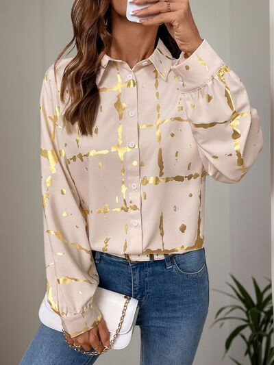 Buy Printed Collared Neck Long Sleeve Shirt by Perfee