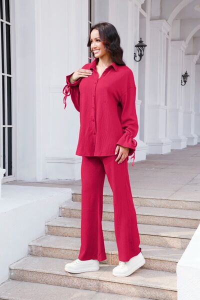 Buy Drawstring Flounce Sleeve Shirt and Pants Set by S.S.Ni