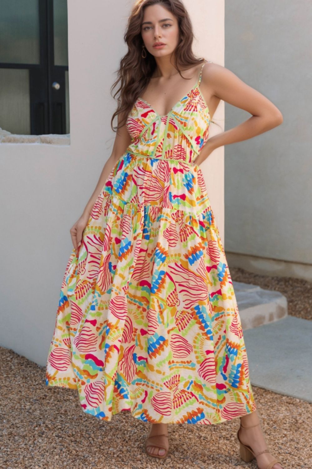 Abstract Print Spaghetti Strap Piping Detail Maxi Dress