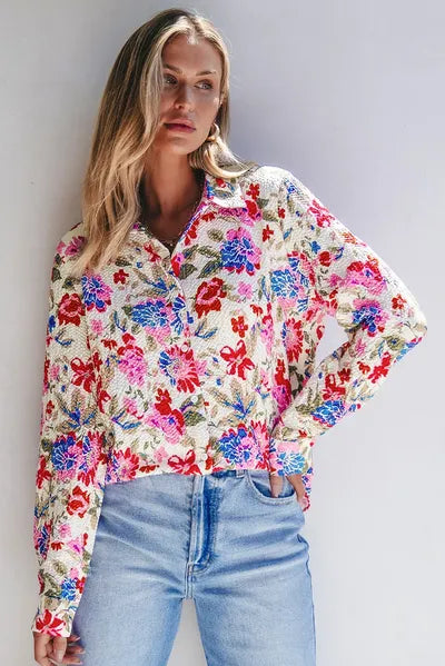 Buy Floral Collared Neck Long Sleeve Shirt by SYNZ