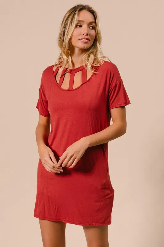 Front Cutout Mini Tee Dress with Pockets