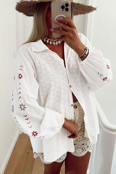 Buy Embroidered Eyelet Collared Neck Long Sleeve Shirt by SYNZ