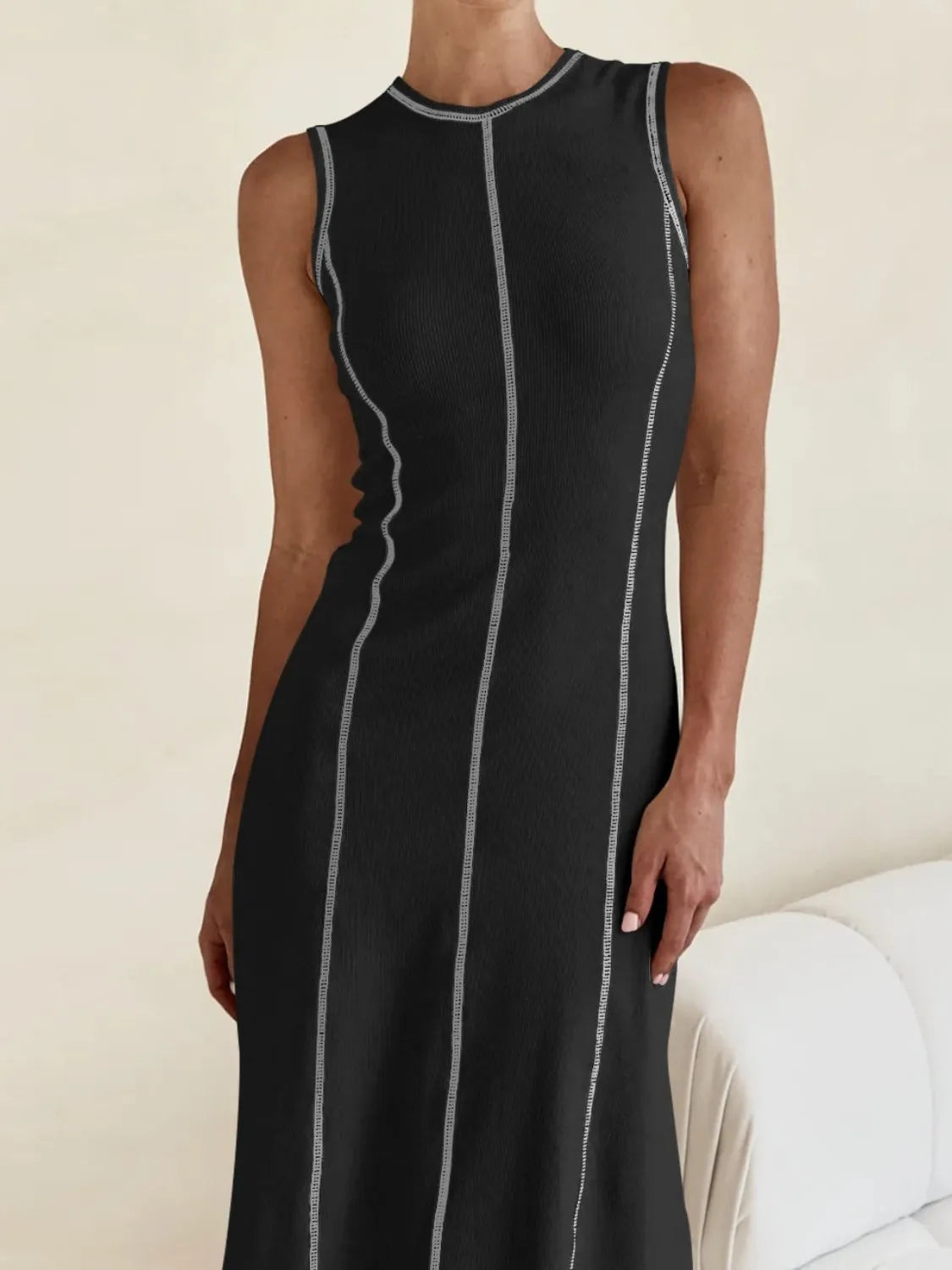 Buy Contrast Stitching Round Neck Sleeveless Midi Dress by Faz