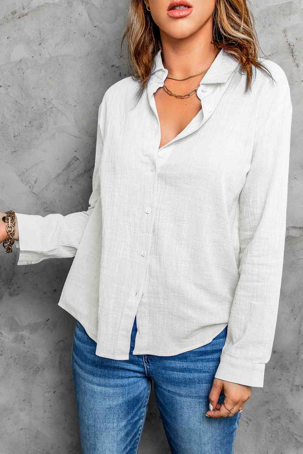 Buy Textured Button Front Curved Hem Shirt by SYNZ