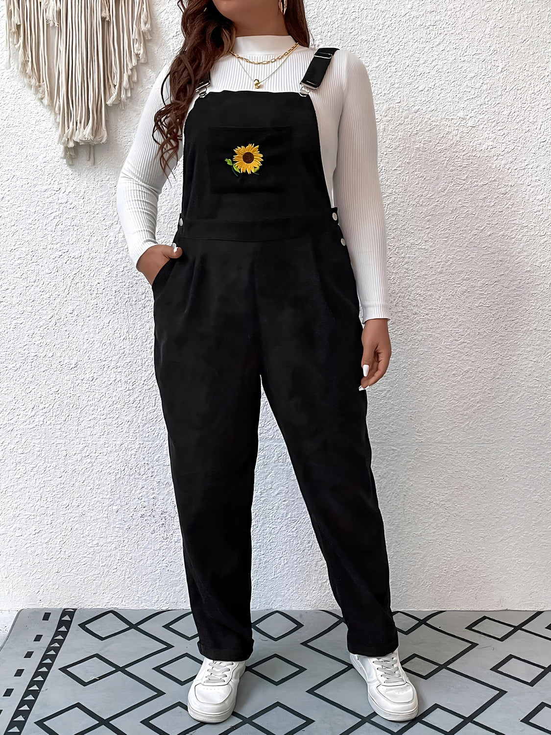 Buy Embroidered Sunflower Wide Strap Overalls with Pockets by Faz