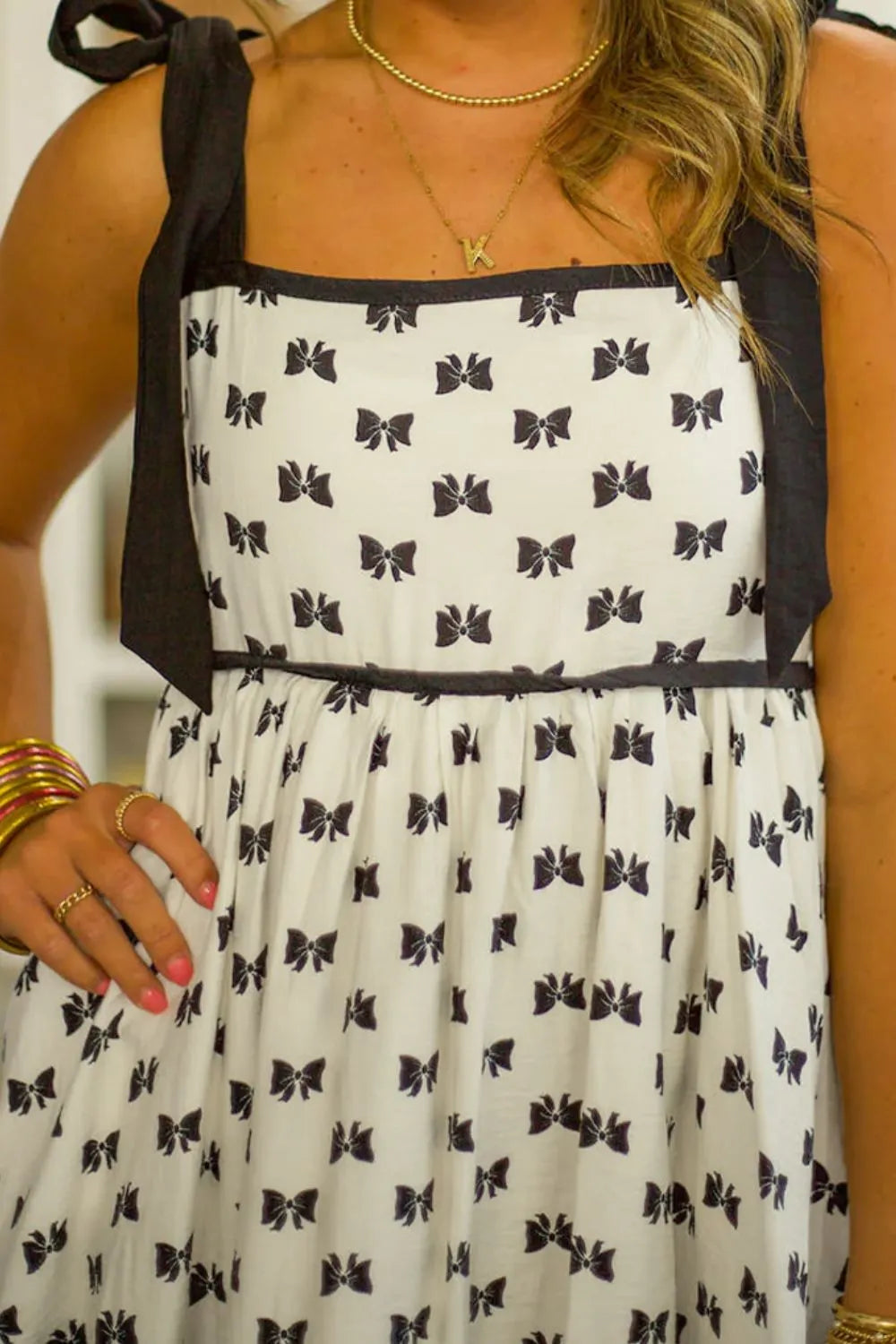 Buy Bow Knot Color Contrast Trim Knotted Shoulder Mini Dress by Faz