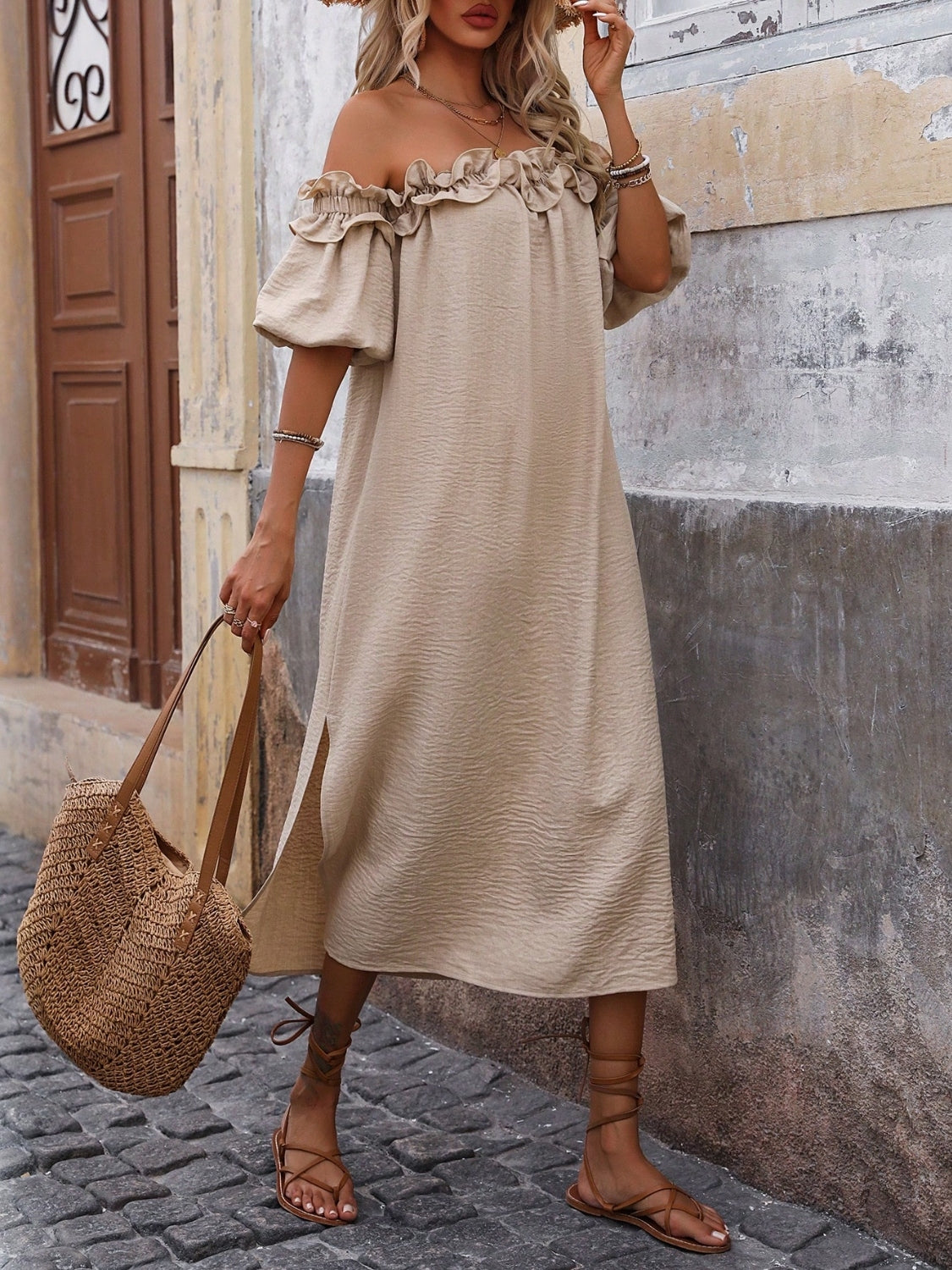 Buy Ruffled Off-Shoulder Puff Sleeve Midi Dress by Faz