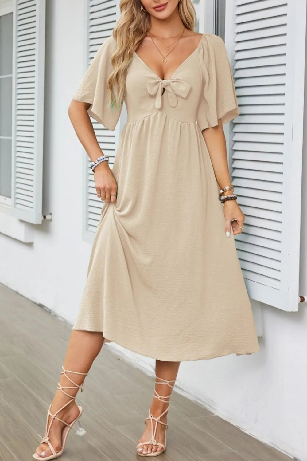 Buy Smocked Tie Front Flutter Sleeve Midi Dress by Faz