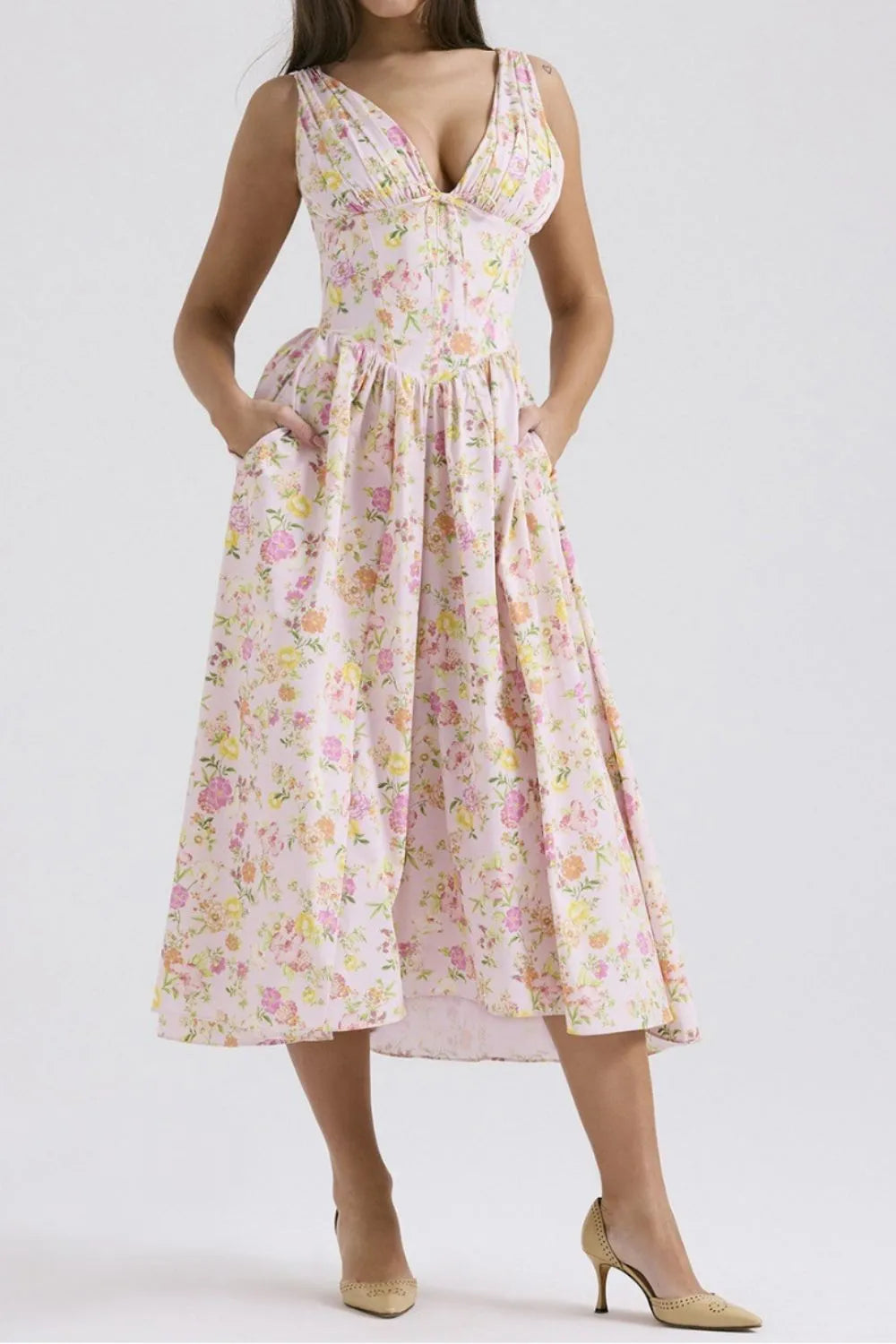 Buy Floral V-Neck Sleeveless Midi Dress with Pockets by Faz