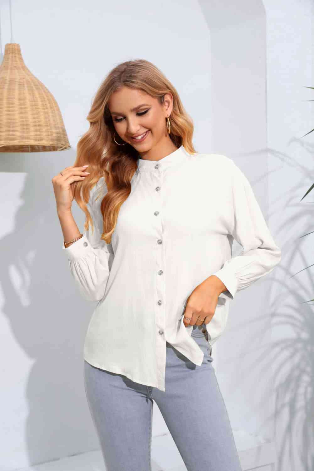 Buy Mock Neck Buttoned Long Sleeve Shirt by JR