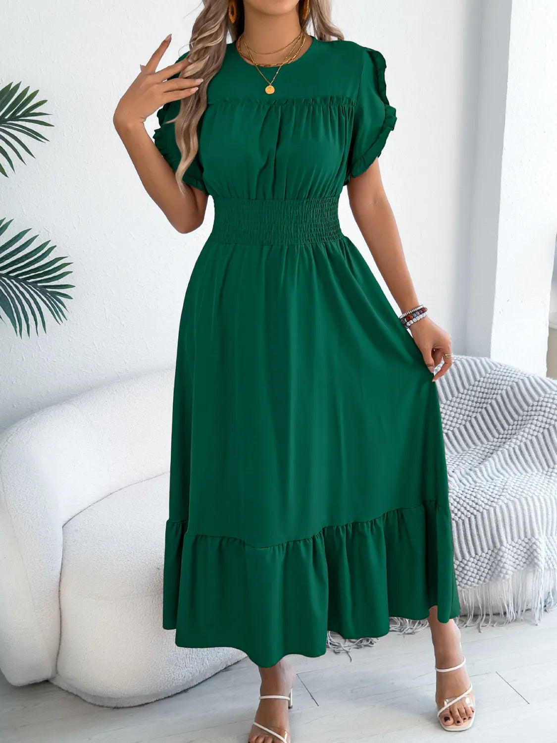 Buy Smocked Frill Round Neck Midi Dress by Faz