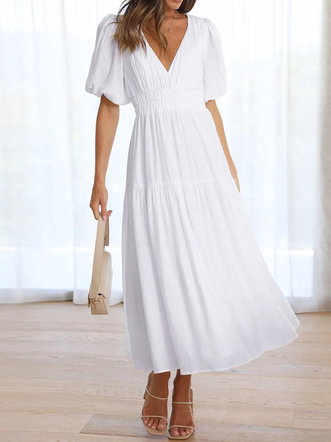 Buy V-Neck Puff Sleeve Midi Dress by Faz