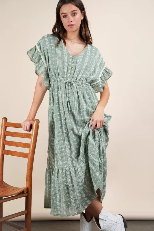 Buy Embroidered Boho Ruffled Midi Dress by Faz