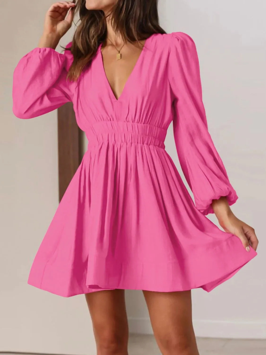 Buy Ruched V-Neck Balloon Sleeve Mini Dress by Faz