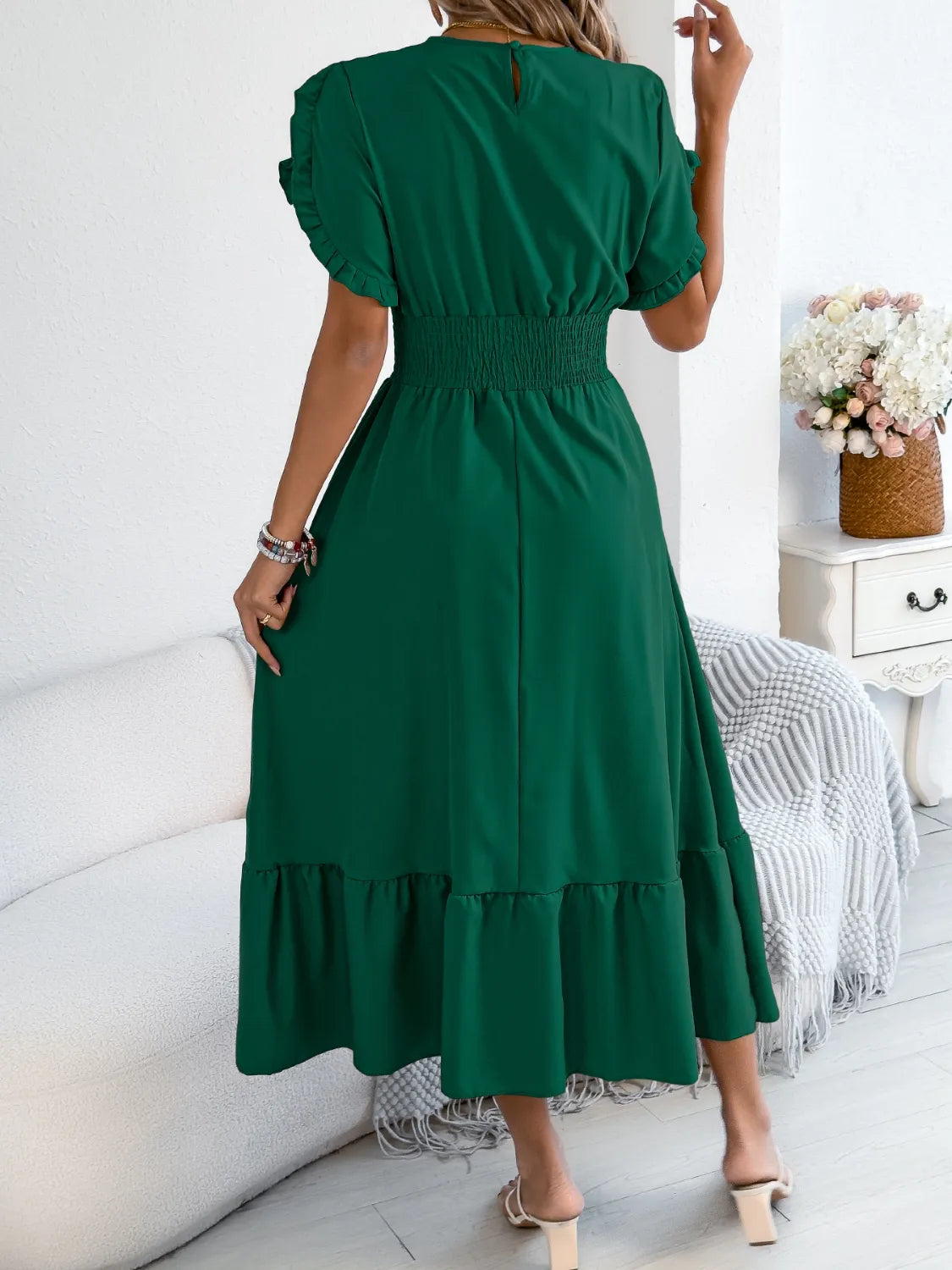 Buy Smocked Frill Round Neck Midi Dress by Faz